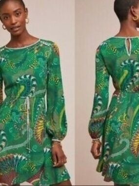 MAEVE by Anthropologie Green Janis Paisley-Print Long-Sleeve Midi Dress Size 14